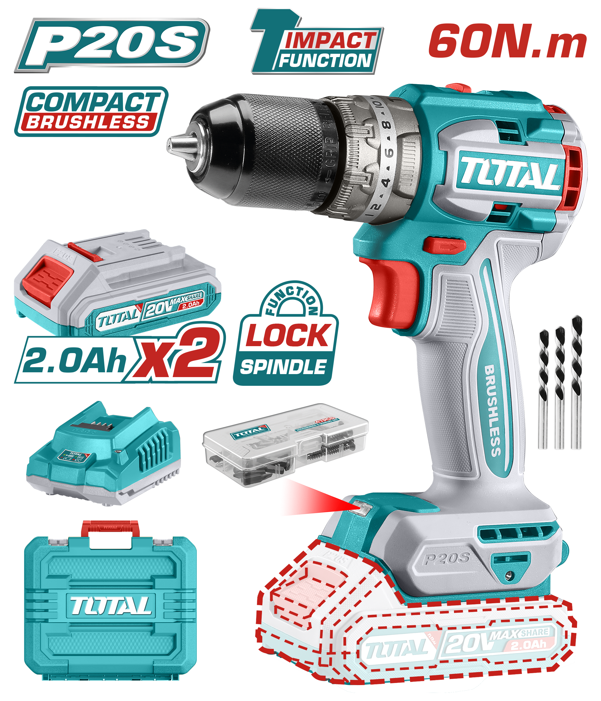 Total Tools Lithium-Ion compact brushless impact drill 20V With 2 Pcs