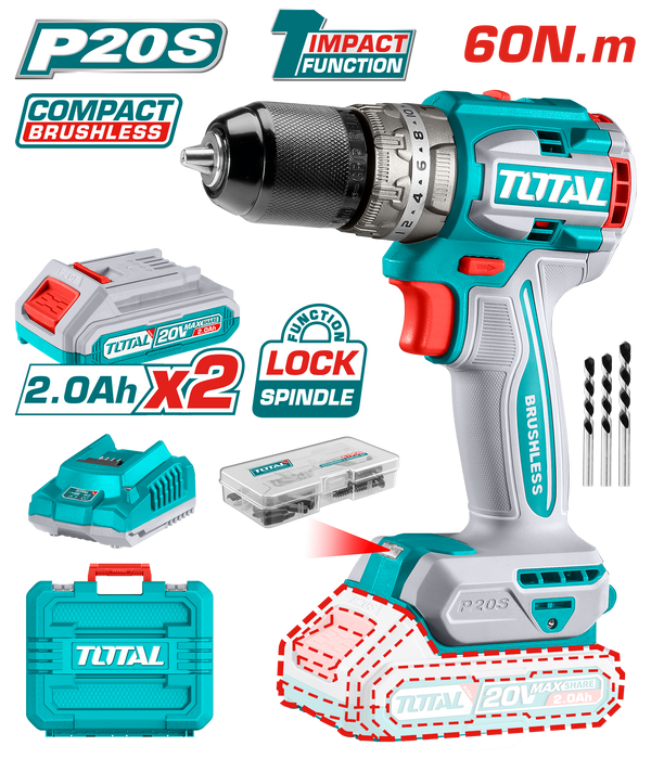 Total Tools Lithium-Ion compact brushless impact drill 20V With 2 Pcs 2.0Ah battery and 1 Charger-TIDLI20602