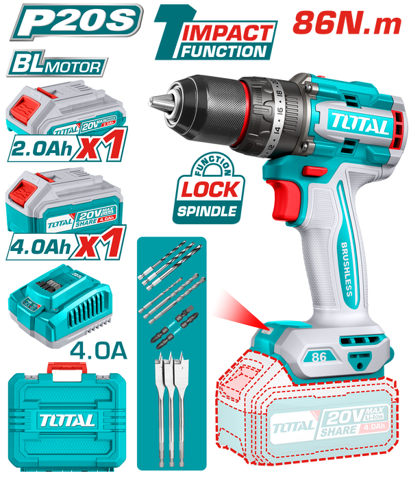 Total tools Brushless cordless impact drill 20 volt 86 N.m  battery and charger 4 Ah. + battery 2 Ah + Accessories set  - TIDLI20868