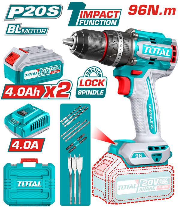 Total tools Lithium-Ion Brushless Cordless Impact Drill 20V 96 NM + 2 pcs 4.0Ah battery  battery And Charger- TIDLI20968