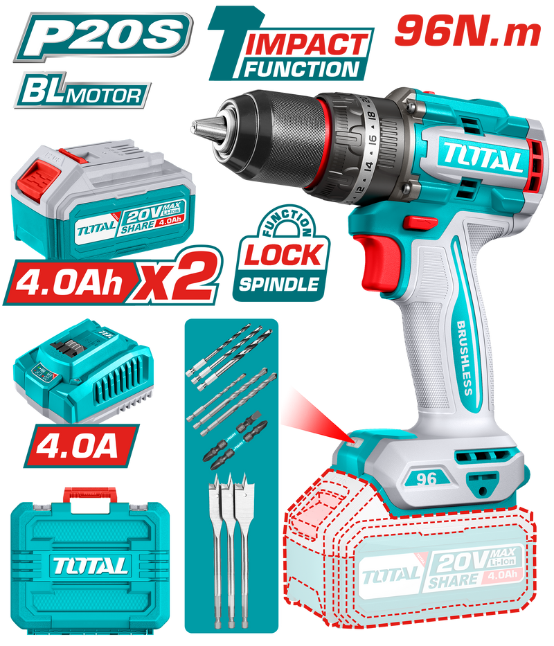 Total tools Lithium-Ion Brushless Cordless Impact Drill 20V 96 NM + 2 pcs 4.0Ah battery  battery And Charger- TIDLI20968
