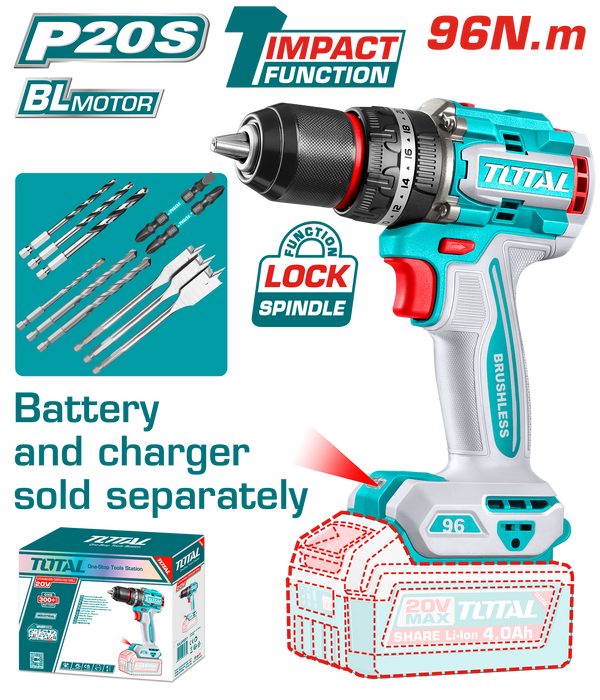 Total tools Brushless cordless impact drill 20V 96 N.m without Battery and charger  - TIDLI209681