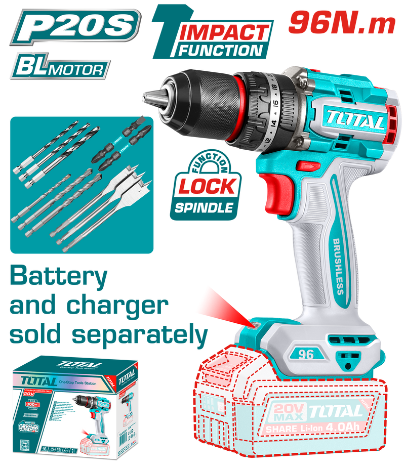 Total tools Brushless cordless impact drill 20V 96 N.m without Battery and charger  - TIDLI209681