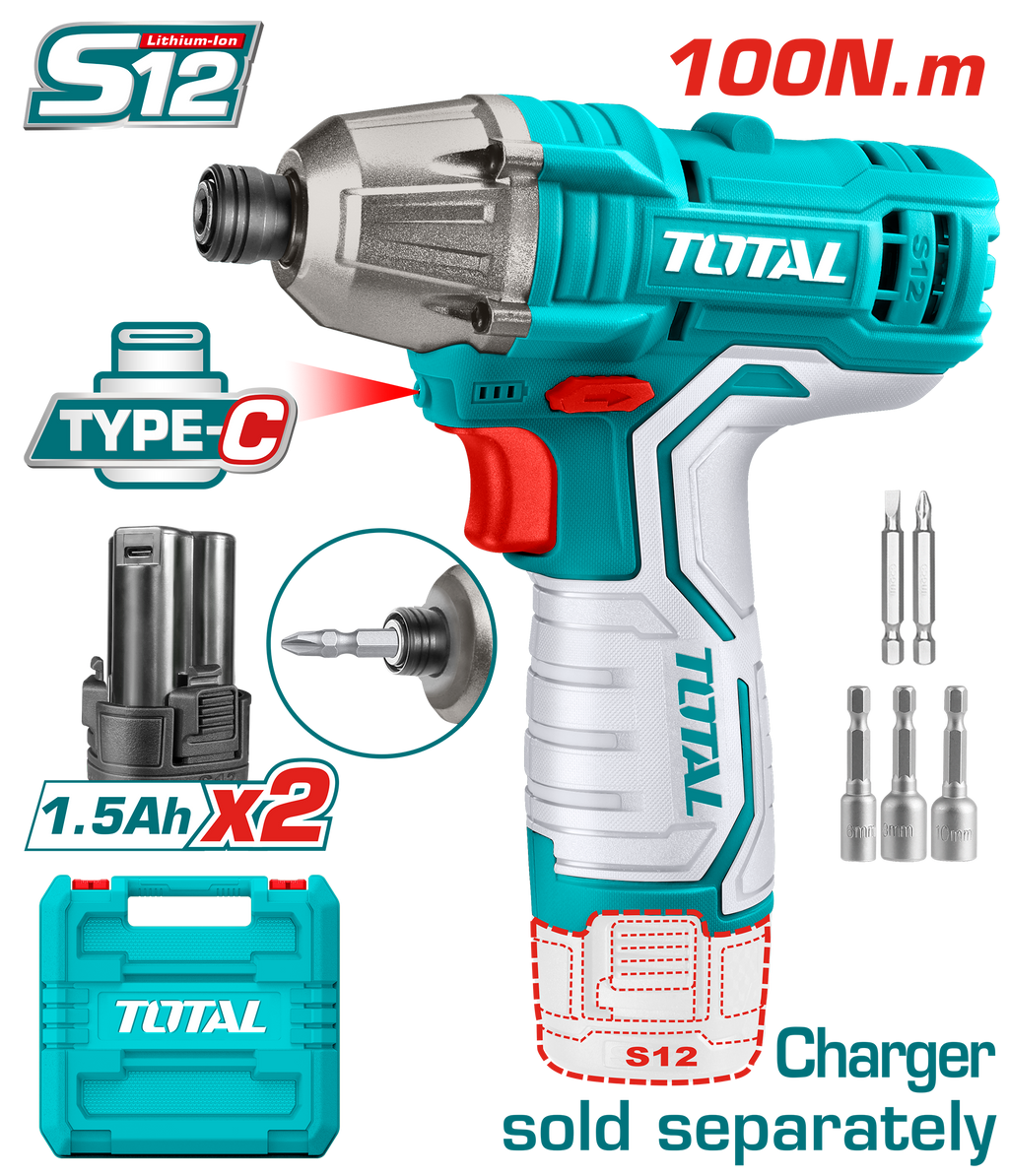 Total tools Lithium ion impact wrench 12 V 1 4 100 NM 2 pcs 1.5Ah battery TIRLI12015