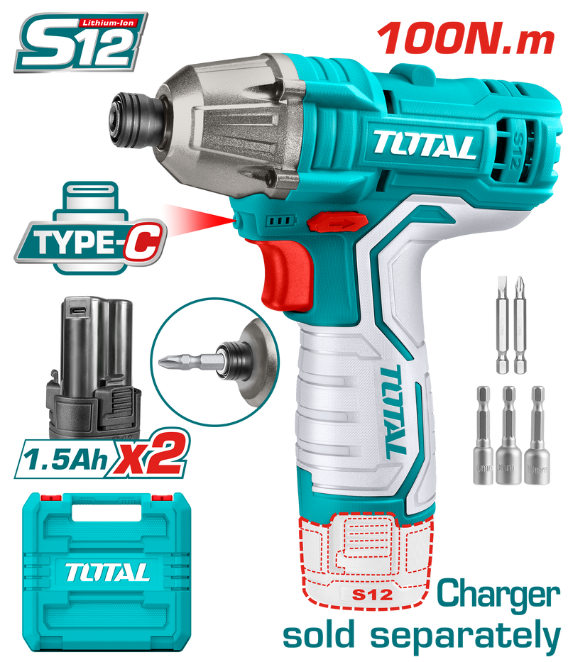 Total tools Lithium-ion impact wrench 12 V -  1/4" 100 NM + 2 pcs 1.5Ah battery   TIRLI12015