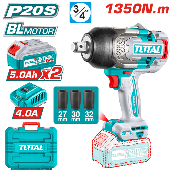Total Tools 3/4" Brushless Cordless Impact Wrench 20V – 1350Nm with 2×5.0Ah Batteries and Charger – Model TIWLI20135