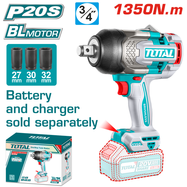 Total tools Cordless impact Brushless wrench 3/4 inch 20V 1350 NM Without Battery And Charger-TIWLI201351