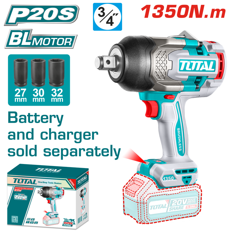 Total tools Cordless impact Brushless wrench 3/4 inch 20V 1350 NM Without Battery And Charger-TIWLI201351