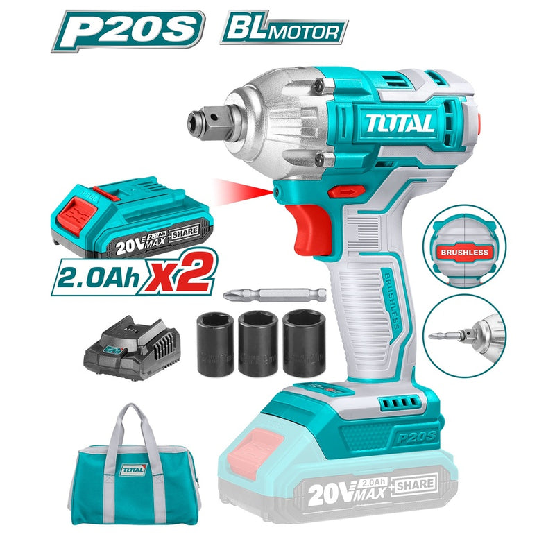 TOTAL TOOLS Lithium-ion cordless impact driver&wrench /20V Brushless motor- - TIWLI20208