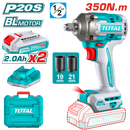 TIWLI2035 - توتال تولز دريل براشليس بطارية 1/2 بوصة 350   نيوتن 20 فولت 2 امبير + 2 بطارية و شاحن  + 2 لقم 