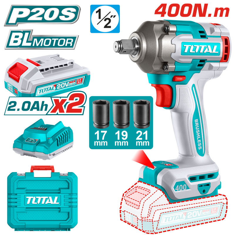 Total tools Cordless impact Brushless wrench 1/2 inch 20V 400 NM + 2 pcs 2.0Ah   battery And Charger-TIWLI2040