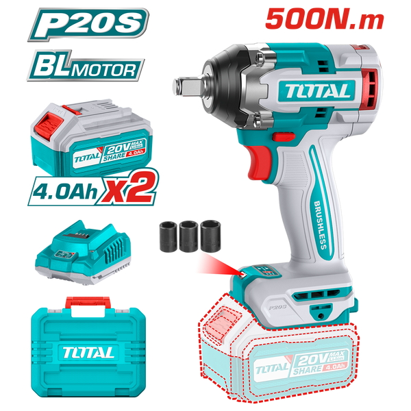 Total Tools Lithium-Ion impact wrench 20V Brushless motor With 2 Pcs 4.0Ah battery pack And 1 Pcs charger-TIWLI2050