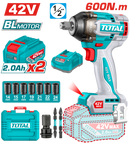 Total Tools 42V Brushless Cordless Impact Wrench 1/2" –600Nm + 7 Sockets , 2 Batteries & Charger – TIWLI42602