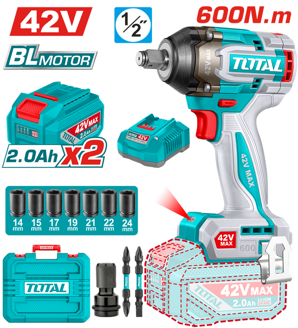 Total Tools 42V Brushless Cordless Impact Wrench 1/2" –600Nm + 7 Sockets , 2 Batteries & Charger – TIWLI42602