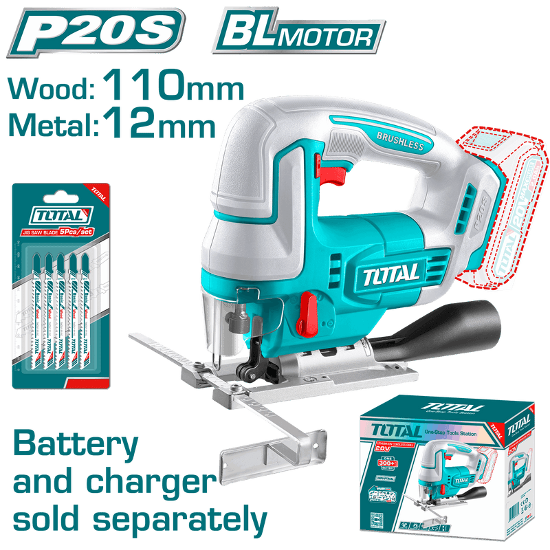 Total Tools Cordless Jig Saw 20V Cutting Depth 110mm for Wood Without Battery & Charger + 5 Blades - TJSLI1008