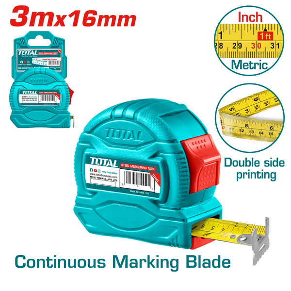 Total tools Steel measuring tape 3 m * 16 mm ( metric and inch )- TMT34316