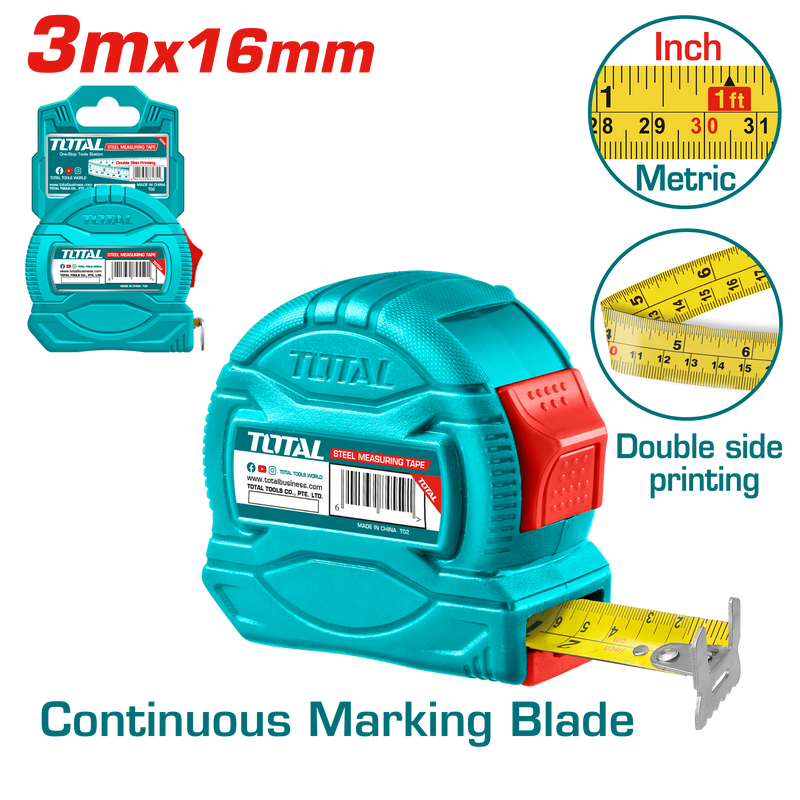 Total tools Steel measuring tape 3 m * 16 mm ( metric and inch )- TMT34316