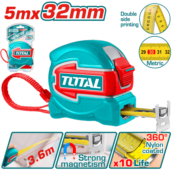 Total Tools Measuring Tape 5m × 32mm Magnetic – Double-Sided – TMT80532M