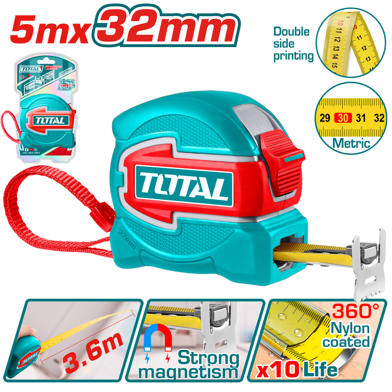 Total Tools Measuring Tape 5m × 32mm Magnetic – Double-Sided – TMT80532M