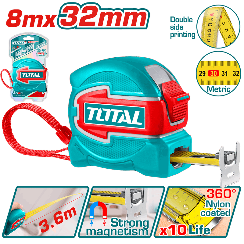 Total Tools Measuring Tape 8m × 32mm Magnetic – Double-Sided – TMT80832M
