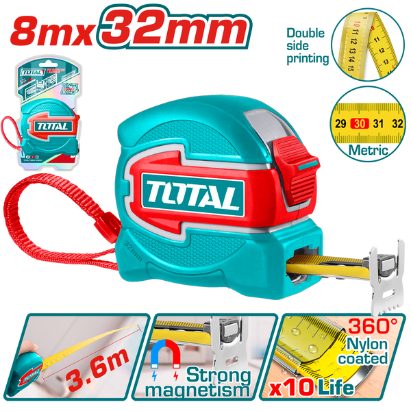 Total Tools Measuring Tape 8m × 32mm Magnetic – Double-Sided – TMT80832M