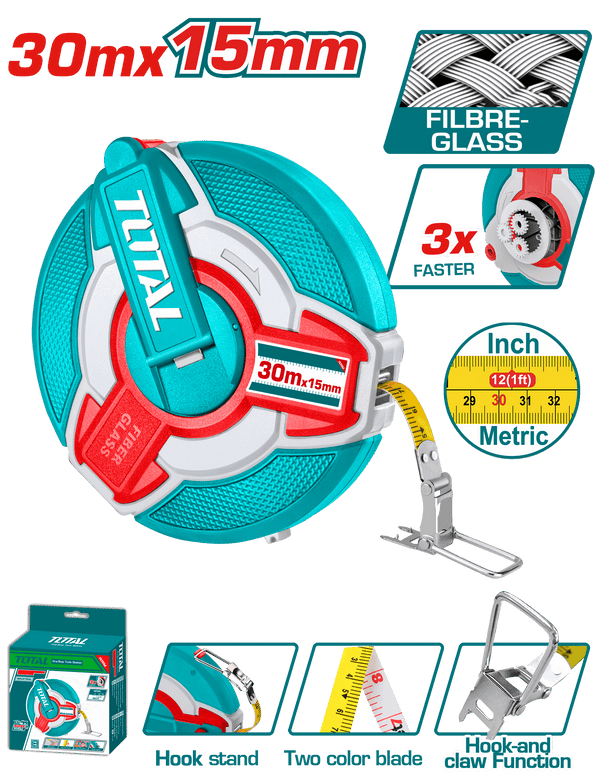 Total Tools Fiberglass Measuring Tape 30m × 15mm – Double-Sided – TMTF18306