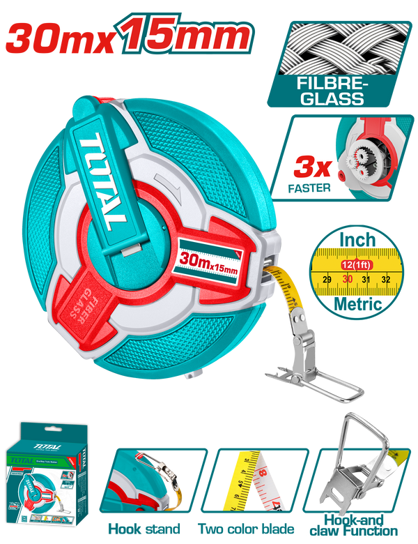 Total Tools Fiberglass Measuring Tape 30m × 15mm – Double-Sided – TMTF18306