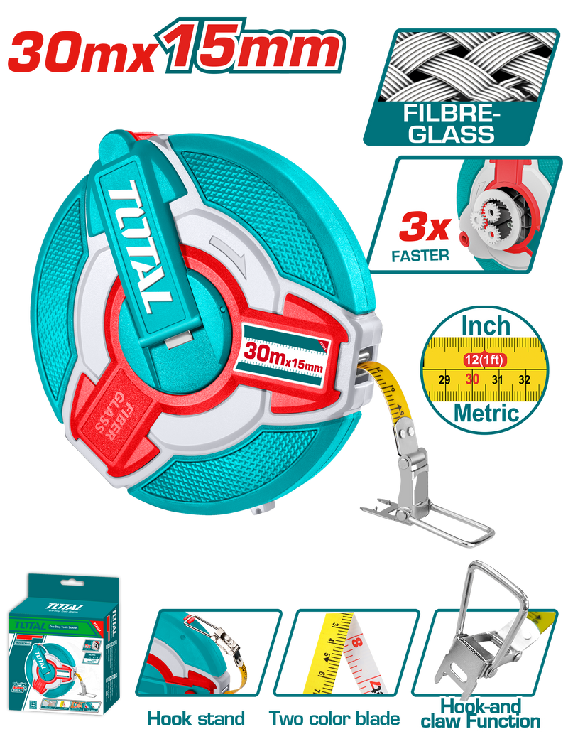Total Tools Fiberglass Measuring Tape 30m × 15mm – Double-Sided – TMTF18306