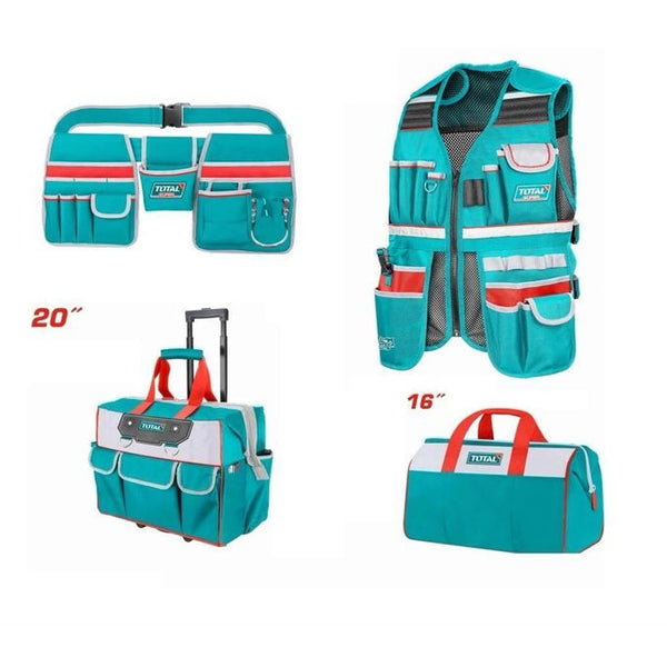 Total Tools 4-Piece Bag Set (20" Wheeled Tool Bag + Tool Belt + 16" Tool Bag + Tool Vest ) – TOS230910