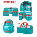 Total Tools 4-Pc Set: Backpack Tool Bag + Waist Tool Bag + 16" Tool Bag + Tool Vest – Model TOS230912