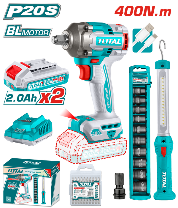 Total tools Cordless 2 pcs  20 V combo kit (  impact wrench 1/2 " 400 N.m +  work lamp + impact socket set ) with 2 battery + charger  - TOSLI23048