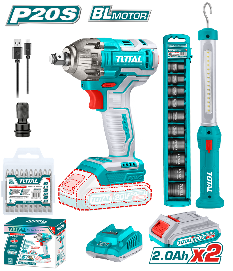 Total tools Cordless 2 pcs combo kit (  impact wrench +  Work lamp ) + 2pcs battery  20V + charger + impact socket set   TOSLI231004