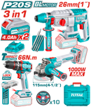  توتال تولز طقم 3 قطع بطاريه 20 فولت ( صاروخ 4.5 بوصه  + شنيور دقاق 66 نيوتن + هيلتى 26 ملى ) + 2 بطارية 4 امبير + شاحن - TOSLI241198 