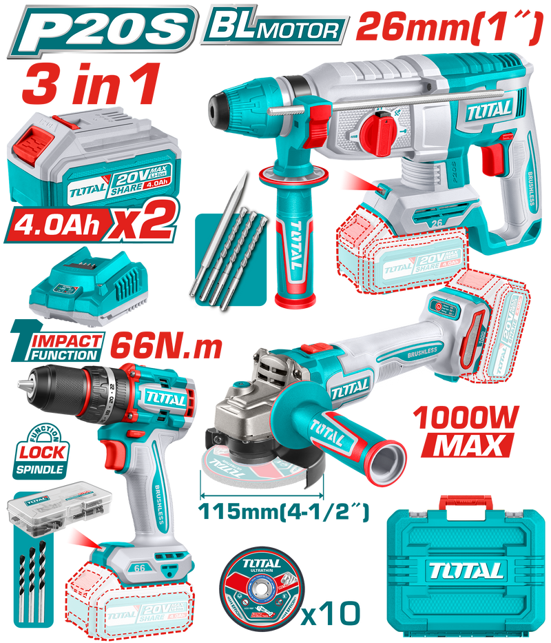 Total Tools 20V 3-Piece Cordless Combo Kit (4.5" Angle Grinder + 66Nm Impact Drill + 26mm Rotary Hammer) with 2×4.0Ah Batteries & Charger – TOSLI241198