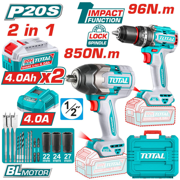 Total tools Cordless 2pcs combo kit 20V (cordless impact drill + impact wrench ) with 2 pcs batteries + charger - TOSLI250586