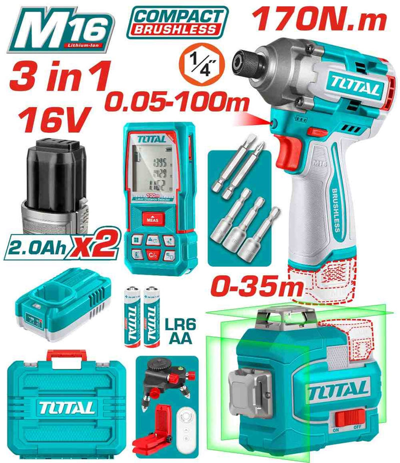 توتال تولز طقم بطارية 16 فولت  (دريل 170  نيوتن + ميزان ليزر  + متر ليزر 100 متر ) مع 2 بطارية و شاحن - TOSLI250886 