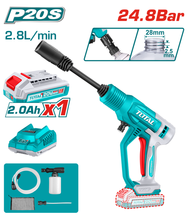 Total tools Cordless pressure washer 20V , 24.8 Bar + Battery and charger - TPWLI20362