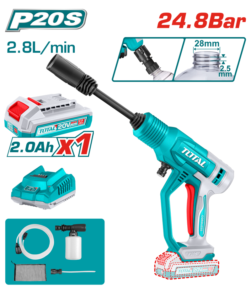 Total tools Cordless pressure washer 20V , 24.8 Bar + Battery and charger - TPWLI20362