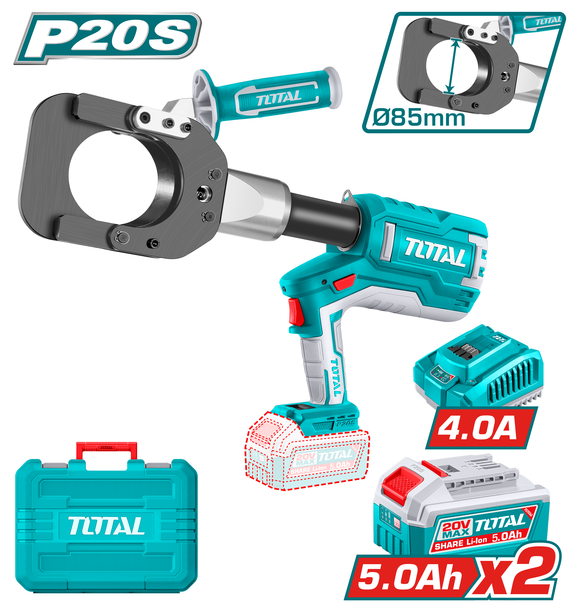Total tools Cordless hydraulic cable cutter 85 mm , 20 V 5 Ah.+ 2 batt