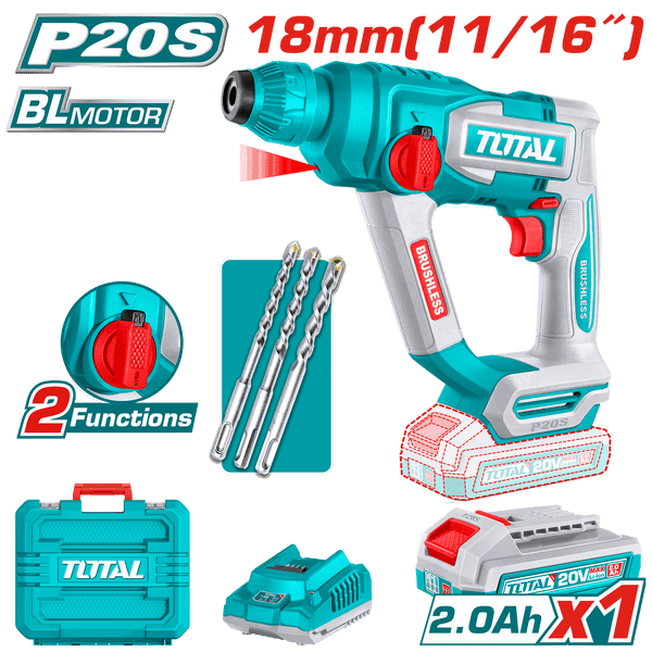 Total Tools 20V Cordless Rotary Hammer 1.8J + 2.0Ah Battery and Charger + 3 Pcs Drill Bits – TRHLI201881