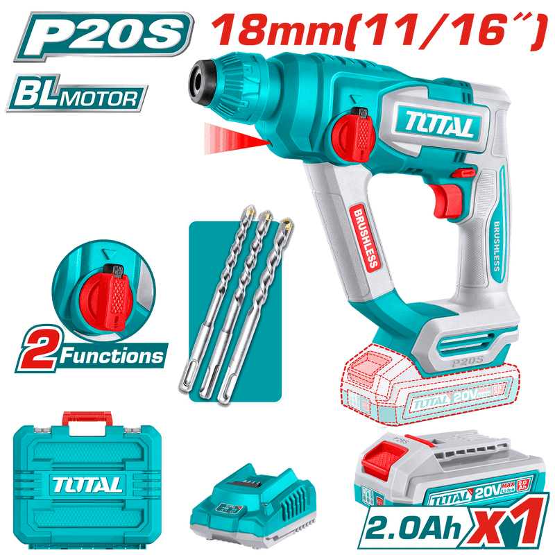 Total Tools 20V Cordless Rotary Hammer 1.8J + 2.0Ah Battery and Charger + 3 Pcs Drill Bits – TRHLI201881