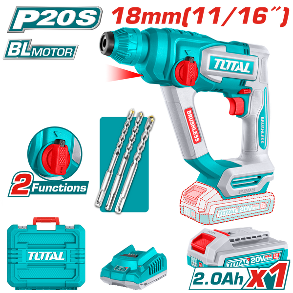 Total Tools 20V Cordless Rotary Hammer 1.8J + 2.0Ah Battery and Charger + 3 Pcs Drill Bits – TRHLI201881