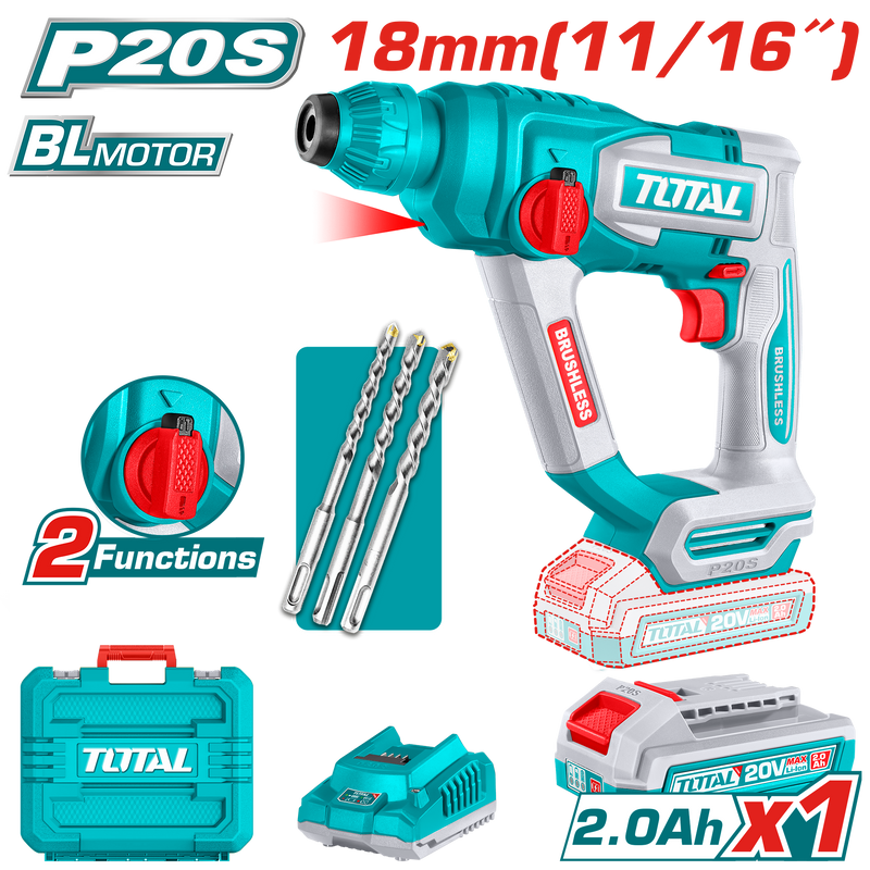 Total Tools 20V Cordless Rotary Hammer 1.8J + 2.0Ah Battery and Charger + 3 Pcs Drill Bits – TRHLI201881