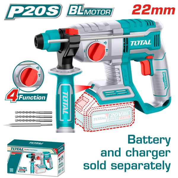 Total tools Lithium-Ion Brushless rotary hammer 20v 22 mm without battery and charger -TRHLI20208