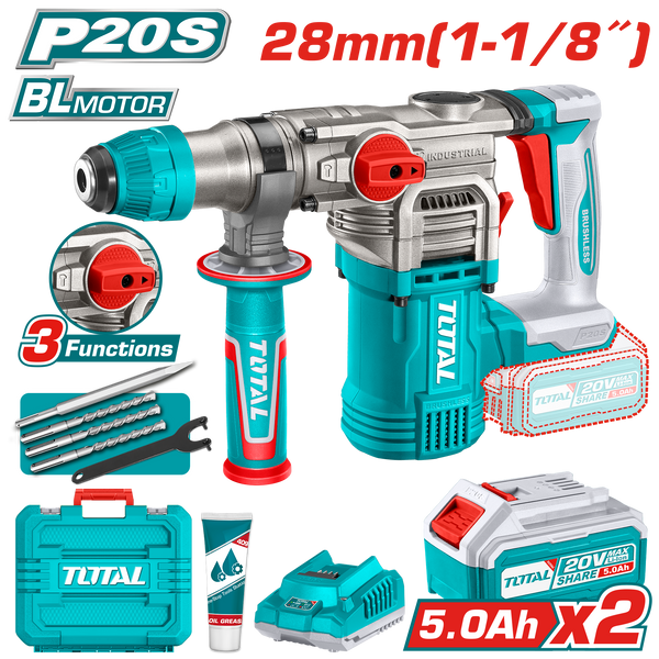 Total Tools 20V Cordless SDS Max Rotary Hammer 4.5J + 2 × 5.0Ah Batteries and Charger + Drill Bit Set – TRHLI202885