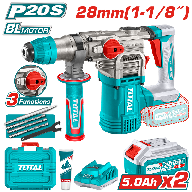 Total Tools 20V Cordless SDS Max Rotary Hammer 4.5J + 2 × 5.0Ah Batteries and Charger + Drill Bit Set – TRHLI202885