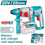 TOTAL TOOLS 20V Brushless 22mm Cordless Rotary Hammer, Without Battery & Charger - TRHLI22208