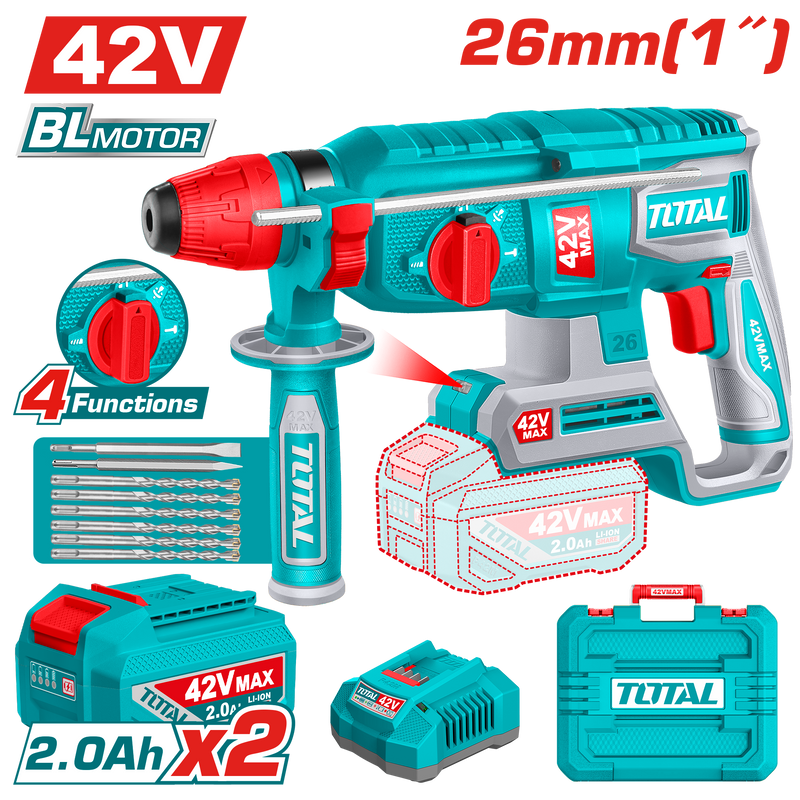 توتال تولز هيلتى بطاريه براشلس 42 فولت  2.5 جول  26 مم  + 2 بطارية  و شاحن - TRHLI422682 