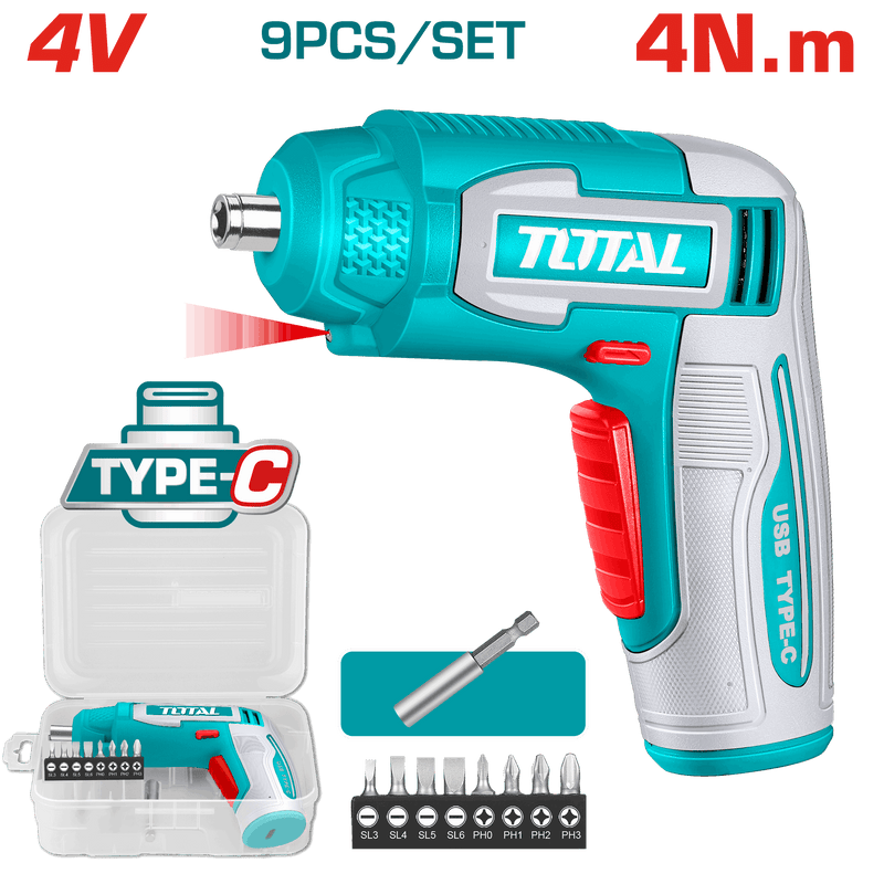Total Tools 4V Cordless Screwdriver + 8 Pcs Bits – without Charger – TSDLI0458