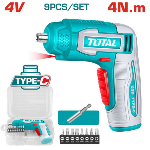 Total Tools 4V Cordless Screwdriver + 8 Pcs Bits – without Charger – TSDLI0458